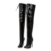 Sexy rote Damen-Overknee-Stiefel mit spitzer Zehenpartie, Schnürung, schwarze High Heels, oberschenkelhoher Stiefel, Fetisch-Tanzparty-Schuhe, große Größe 45