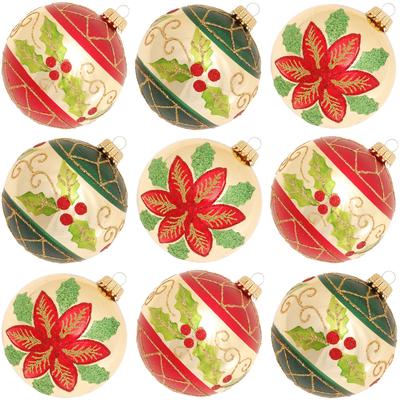 Weihnachtsbaumkugel KREBS GLAS LAUSCHA "KGL03372, Weihnachtsdeko, Christbaumschmuck, Christbaumkugeln Glas", bunt (grün, goldfarben, rot), Ø:8cm, Glas, Weihnachtsbaumkugeln, aus Glas, mit Blattdekor Image