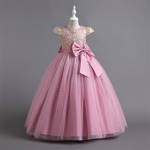 Blumenmädchenkleid Kinder Mädchen Prinzessinenkleid Leistung Hochzeit Party Elegant Schön Gitter Funkelnder Tüll Feste Farbe Ärmellos Rundhalsausschnitt Weiß Champagner 4 Jahre Image