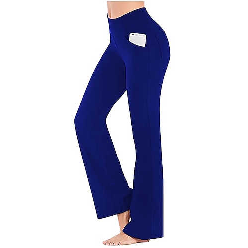 Damen Yogahose Seitentaschen Schlaghose Gesäßtasche Po-Lifting 4-Wege-Stretch Atmungsaktiv Mittlere Hüfthöhe Pilates Fitnesstraining Laufen Strumpfhosen Marineblau Schwarz Weiß Winter Sport Image