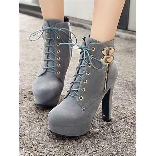 Damenstiefeletten aus braunem Wildleder – Schnürdesign mit goldener Schnalle und Reißverschlussdetails, Plateauschuhe mit hohem Absatz für stylische Freizeit- und Party-Looks Image