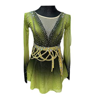 Figure Skating Dress Women's Girls' Ice Skating Dress Mineral Green Patchwork Thumbhole Mesh Spandex Stretchy Training Practice Professional Skating Wear Thermal Warm Crystal / Rhinestone Long Sleeve