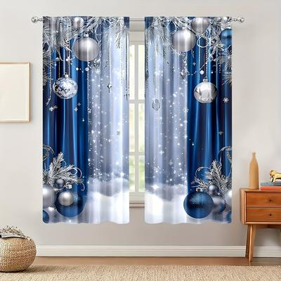 TEMU 2pcs Set Luxurious Blue & Silvery Christmas Ball Curtains - Semi-sheer Polyester, Rod For Easy Hanging - Living Room, Kitchen, Bedroom, Study, And Dining Decor