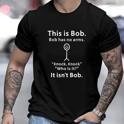 "TEMU Men's Navy Blue Graphic Tee - " Bob" Humorous Quote, Casual Round Neck T-shirt, 100% Polyester, Machine Washable -" Image