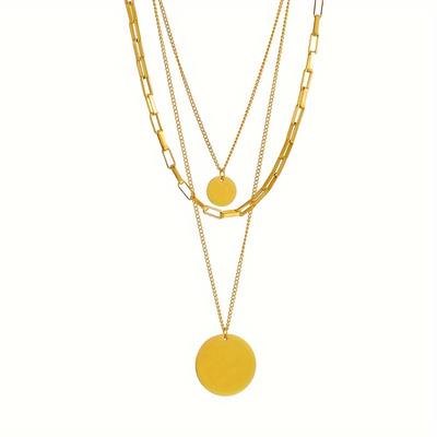 TEMU Vintage-inspired Simple Triple-layer Stainless Steel Pendant Necklace Set With Circular Pendants - No Plating, Daily & Party Wear Versatile Fashion Accessory For Women All Seasons Image
