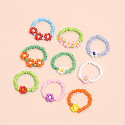 TEMU 9 Pcs Set Of Bohemian Handmade Beaded Flower Stacking Rings - Parties And Beach Holidays - No , No Setting - Beads Image