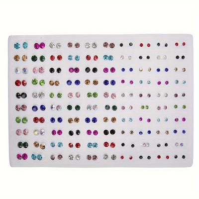 TEMU 100pairs Fashion Colorful Round Rhinestone Small Stud Earrings 3mm/5mm/6mm Different Size Combination Plastic Earpins Ear Accessories Set Party Jewelry Image