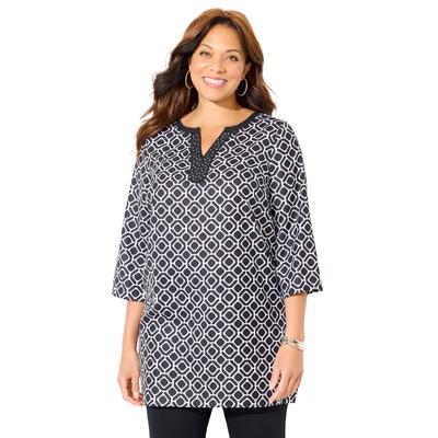 Plus Size Women's Y-Neck Stud Accent Tunic by Catherines in Black Geo (Size 2X)