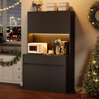 Large Kitchen Pantry with Microwave Countertop and LED Lights