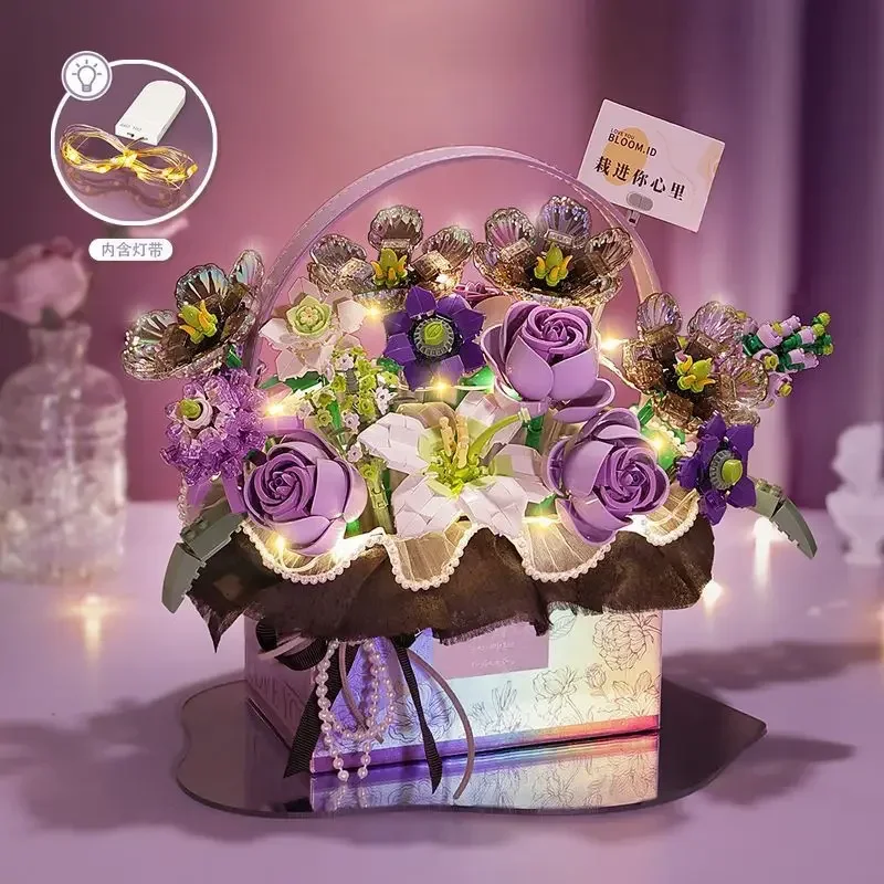 Rosa Rose Bouquet Modell LED Bausteine Lampe Lila Blume Lumineszenz Anzug Geschenk Box Ziegel Jungen Mädchen Festival Spielzeug Geschenke Image