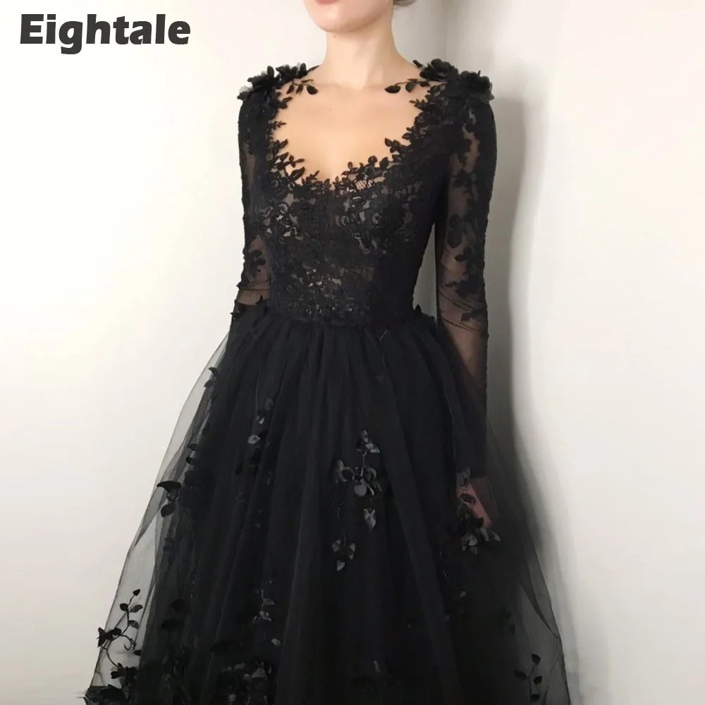 Eightale Schwarze Brautkleider, O-Ausschnitt, Applikationen, Spitze, 3D-Blumen, lange Ärmel, individueller Tüll, viktorianische Gothic-Brautkleider