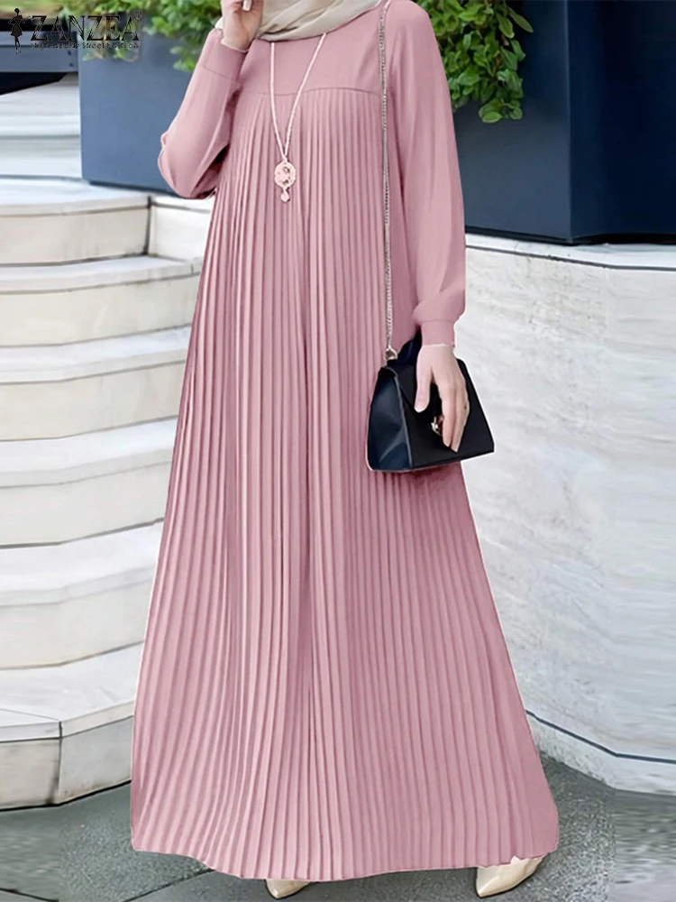 2026 ZANZEA Frühling Elegantes Langarm Plissiertes Sommerkleid Muslimisches Abaya Hijab Kleid Mode Lässige Islamische Kleidung Dubai Maxi-Robe Image
