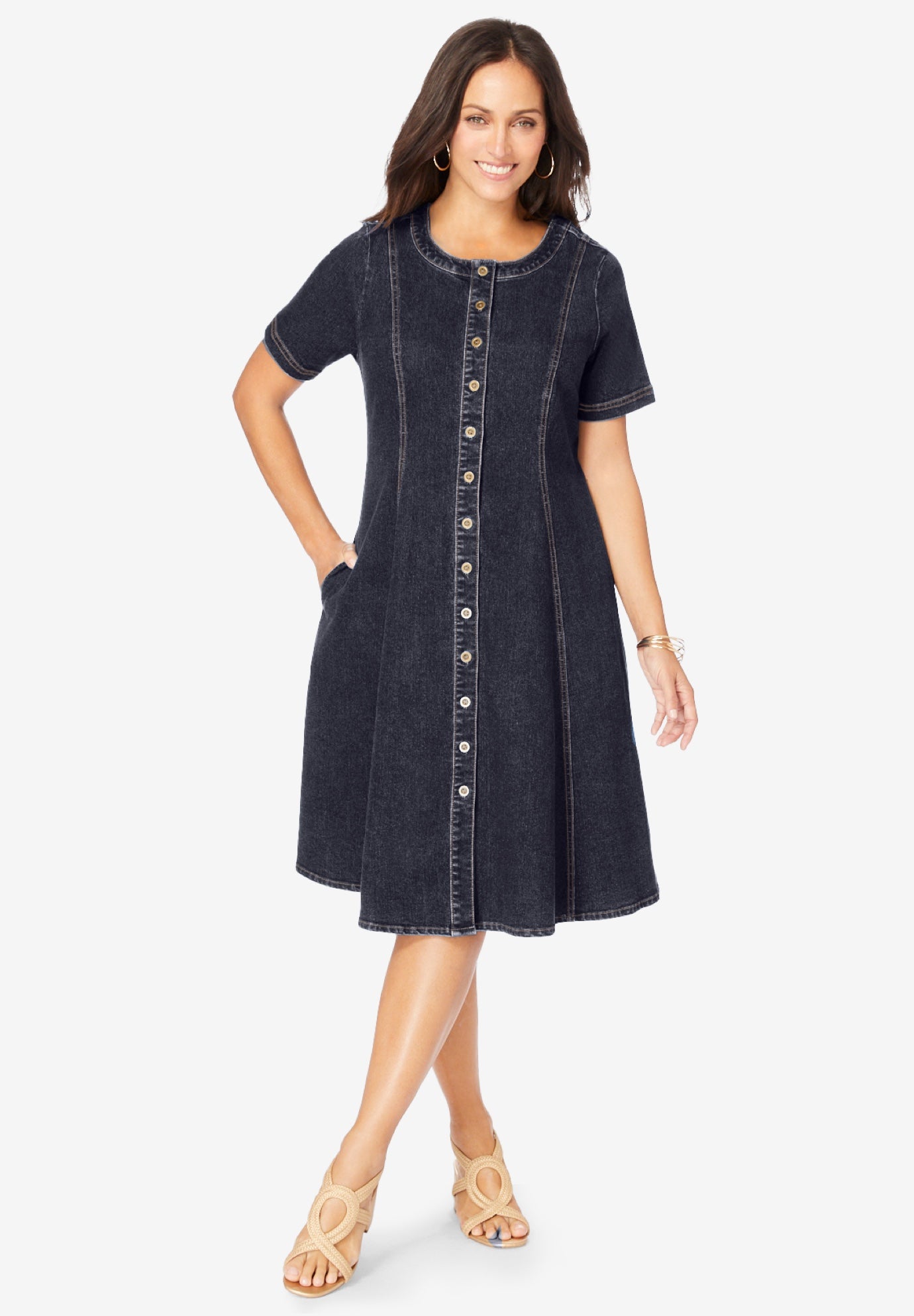 Plus Size Women's Button Front Denim Dress by Jessica London in Indigo (Size 26 W)