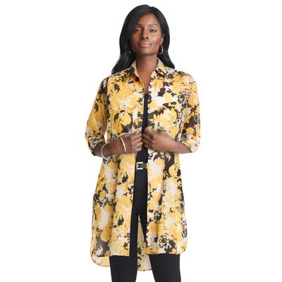 Plus Size Women's Sheer Georgette Mega Tunic by Jessica London in Yellow Graphic Garden (Size 16 W) Long Sheer Button Down Shirt