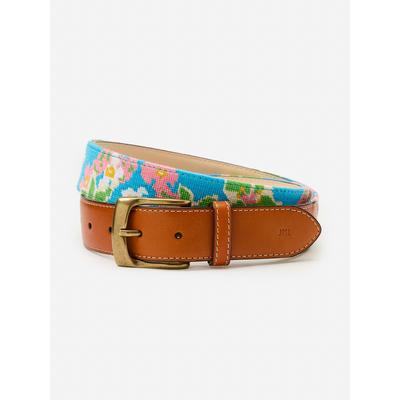 J.McLaughlin Men's Needlepoint Belt in Floral Blue, Size 32 | Cotton/Leather