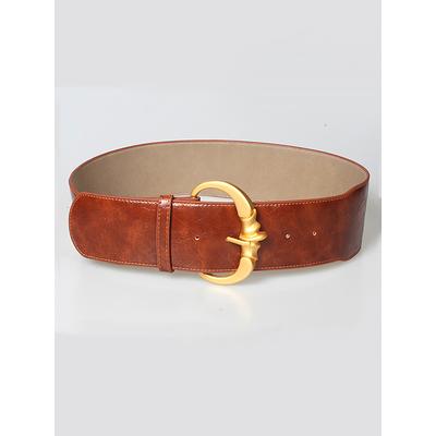 Women's Wide Faux Leather Belt with Gold Decorative Buckle - Elegant Waist Cincher