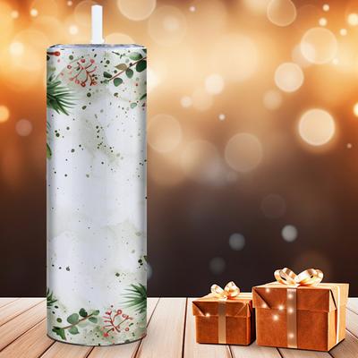 TEMU 20oz Slim Stainless Steel Tumbler Set Of 1, Holiday Themed 3d Print With Red Berries/green Foliage Design, Vacuum Insulated Travel Cup With Lid And Straw, Ideal Gift And Festive Occasions