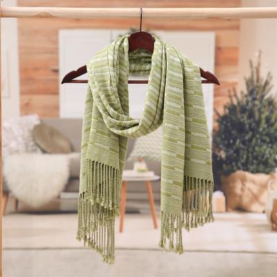 'Hand-Woven Hill Tribe Fringed Striped Cotton and Rayon Scarf'
