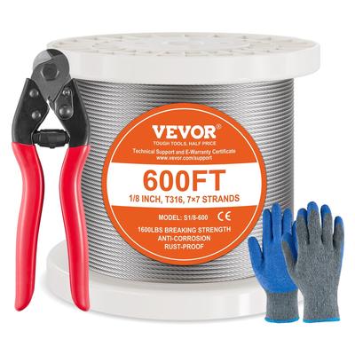 Wire Rope Kit, 1/8" 600 ft 316 Stainless Steel Cable with Cutter and Gloves, 1600 lbs Breaking Strength - 1/8" 600 ft