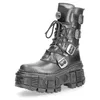 Plattform schnüren Frauen Echt leder Motorrads tiefel Mikro faser Punk Schuhe runde Zehen Metall