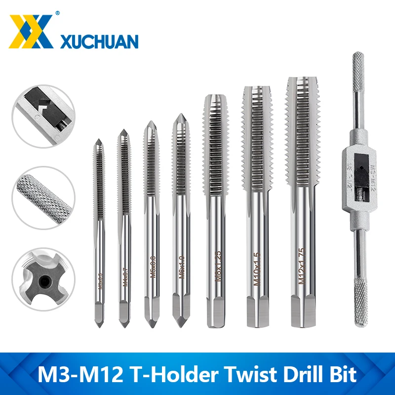 Xuchaun Gewinde bohrers atz 6/8/9 stücke M3-M12 verstellbarem T-Griff Ratschen gewinde bohrer Metall bearbeitung Hand gewindes chneid werkzeug halter Dreh bohrer Image