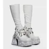 Plattform Kristall Dekor Mitte Wade Stiefel Lack leder Schuhe für Frauen klobige High Heels sexy Dame Schuhe 2024 Zapatos Para Mujere