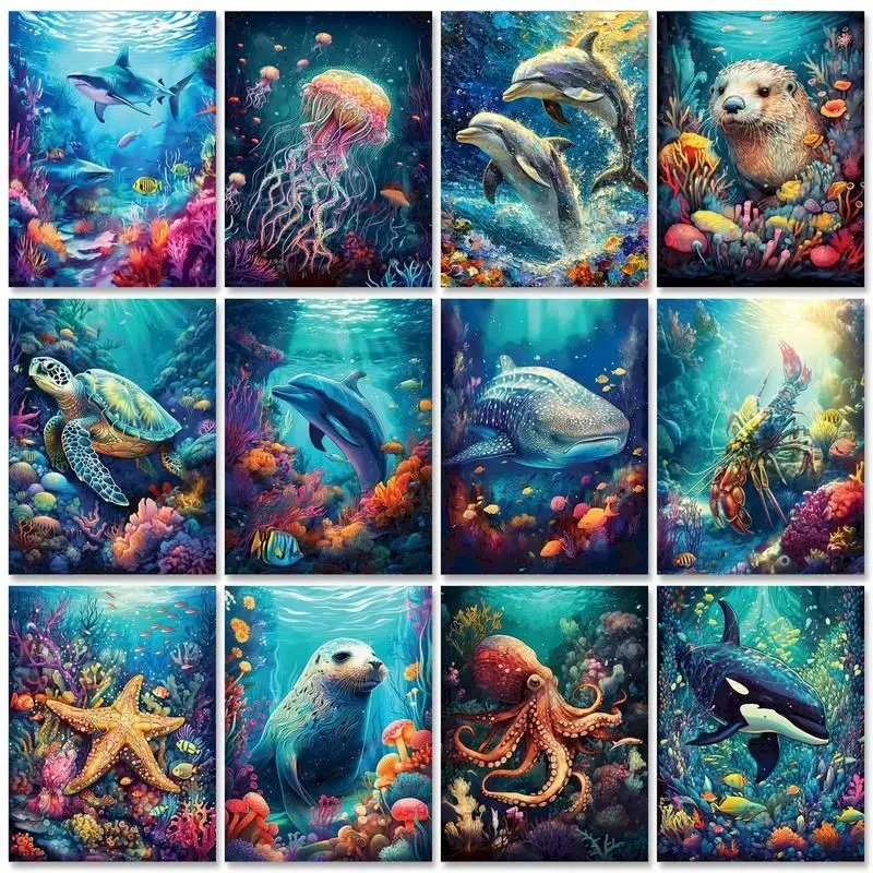 GATYZTORY Unterwasserwelt Malen nach Zahlen für Erwachsene Handgemalte Schildkröte auf Leinwand Ölbild Zeichnung Malen nach Zahlen Image