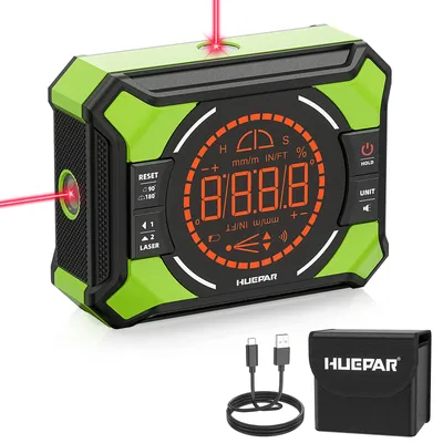 Huepar Digital Angle Gauge AG2L 3-1N-1 Digital Angle Gauge Magnetic with Laser Level Inclinometer for Decorations Woodworking