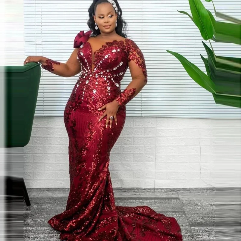 Women Crystals Flowers Long Sleeves Black Girls Birthday Dress Burgundy Lace Evening DressesFor African Plus Size Prom Vestidos