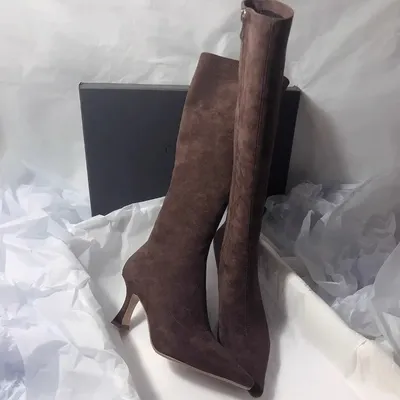 Pointed Toe Knee-High Boot Sexy Thigh High Boots Womens Side Zipper Suede Elastic High Heels Modern Shoe Zapatos De Mujer
