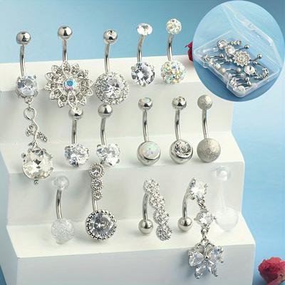 TEMU 15pcs Belly Button Rings 14g Belly Rings For Women Cz Dangle Curved Barbell Body Piercing Jewelry With Gift Box