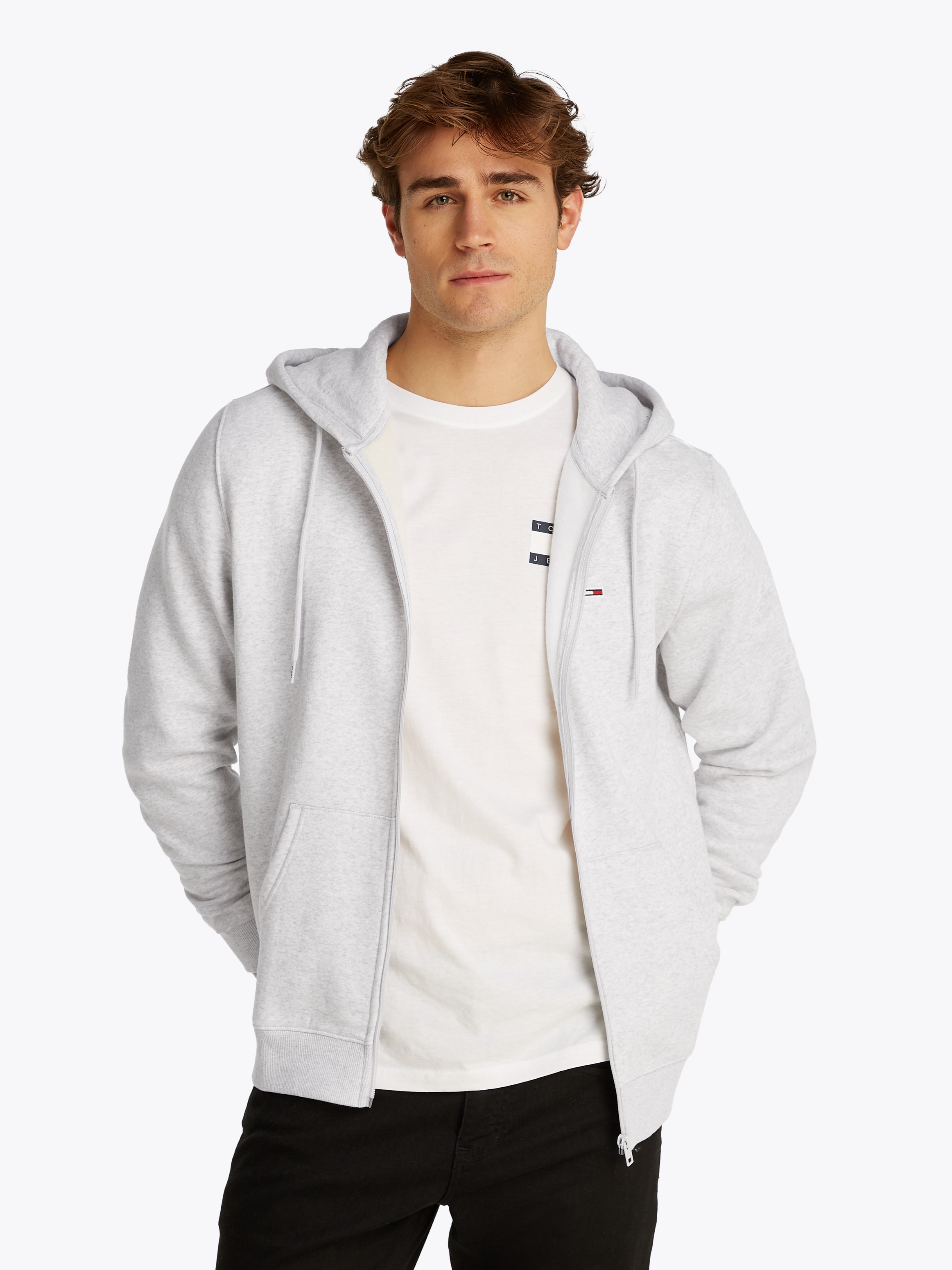 Sweatshirt TOMMY JEANS "TJM REG S FLAG ZIP FLEECE THRU", Herren, Gr. XL, grau (silber grau heather), Sweatware, Obermaterial: 80% Baumwolle, 20% Polyester, regular fit, breiter Bund, Sweatshirts Sweatshirt, mit bestickten Markenlogo auf Brusthöhe