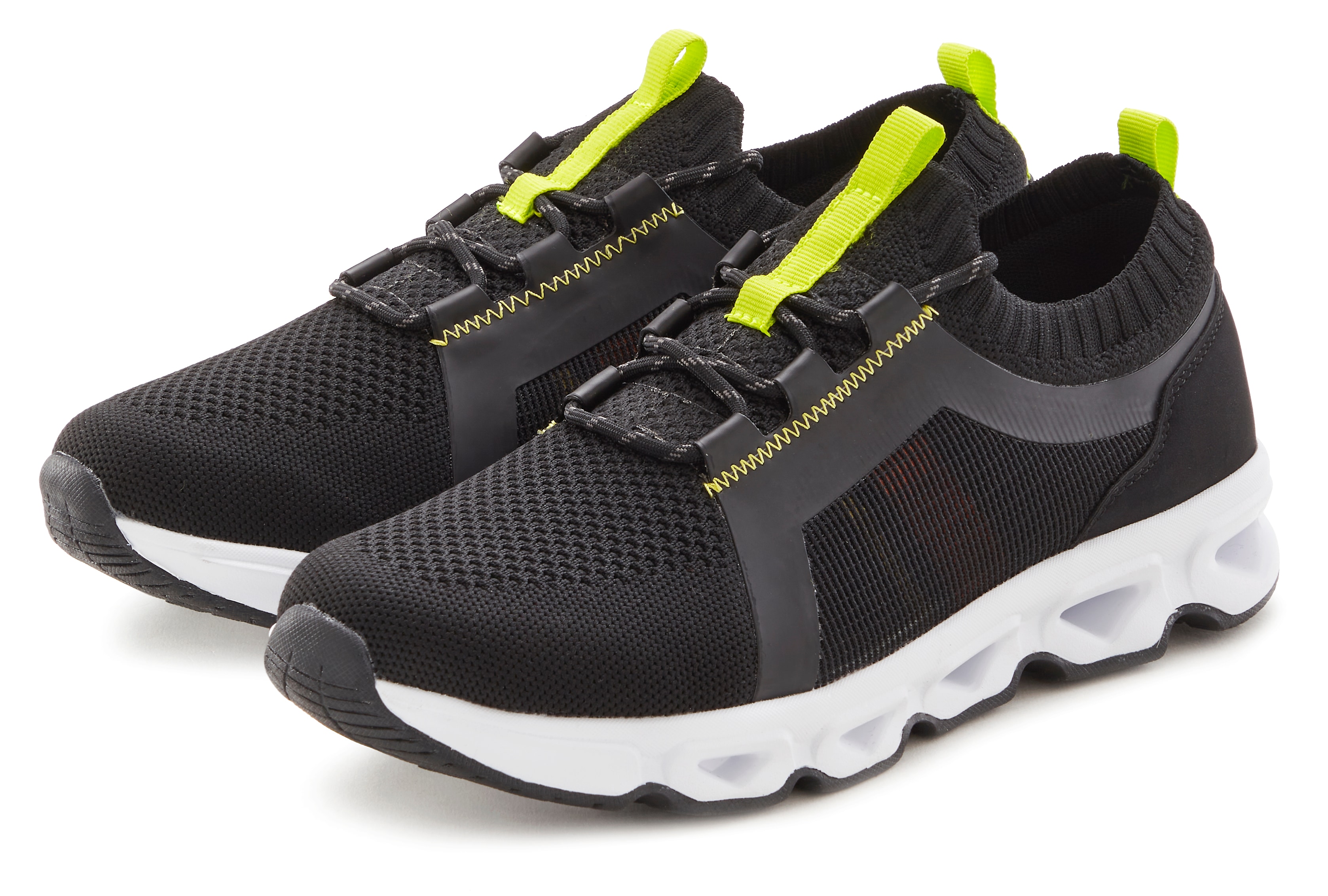 Sneaker JOHN DEVIN "Schnürschuh", Damen, Gr. 44, schwarz (schwarz, neon), Obermaterial: 60% Textilmaterial, 40% Lederimitat. Decksohle: 100% Textilmaterial. Futter: 100% Textilmaterial. Laufsohle: 100% Synthetik, unifarben mit Farbeinsätzen, Schuhe...