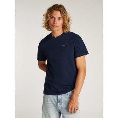 T-Shirt TOMMY JEANS "TJM SLIM LINEAR CHEST SS TEE EXT", Herren, Gr. L, blau (schwarz night navy), Jersey, Obermaterial: 100% Baumwolle, unifarben, casual, slim fit hüftlang, Rundhals, Kurzarm abgesteppt, Shirts, mit Logodruck Image