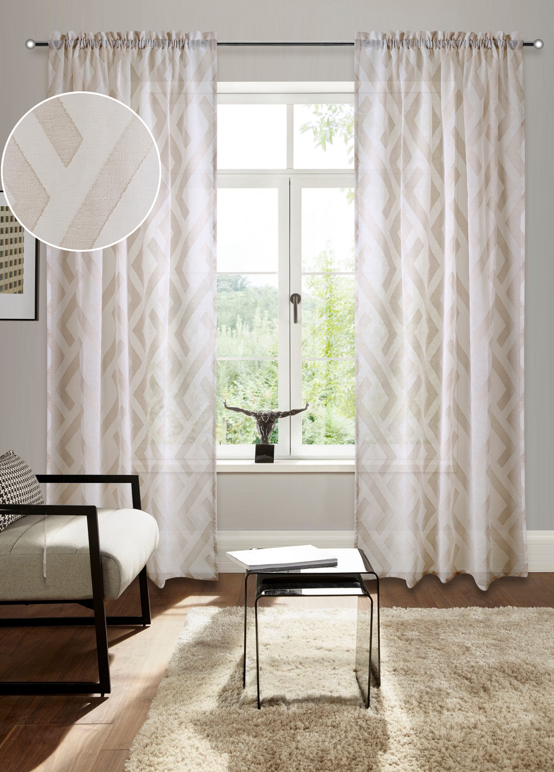 Gardine BRUNO BANANI "Lynn" Gr. 1, beige (sand), B:140cm H:145cm, Scherli, Polyester, Gardinen, schöner Schal, Scherli, zeitlos und modern Image