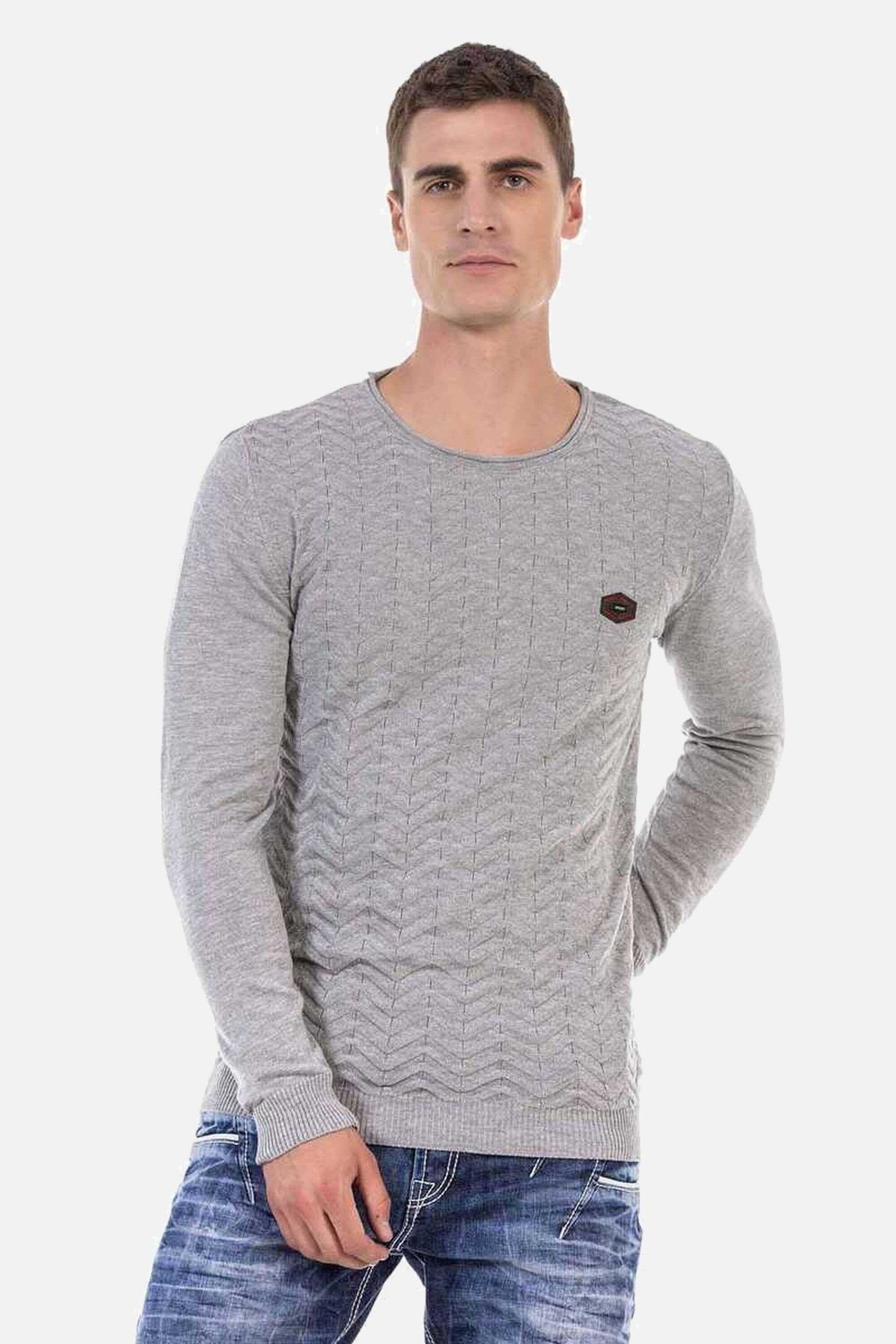 Rundhalspullover CIPO & BAXX "Pullover", Herren, Gr. M, grau (lightgrau), Feinstrick, 65% Polyester, 35% Viskose, unifarben, regular fit, Rundhals, Pullover Rundhalspullover, mit Zopfmuster, CP240