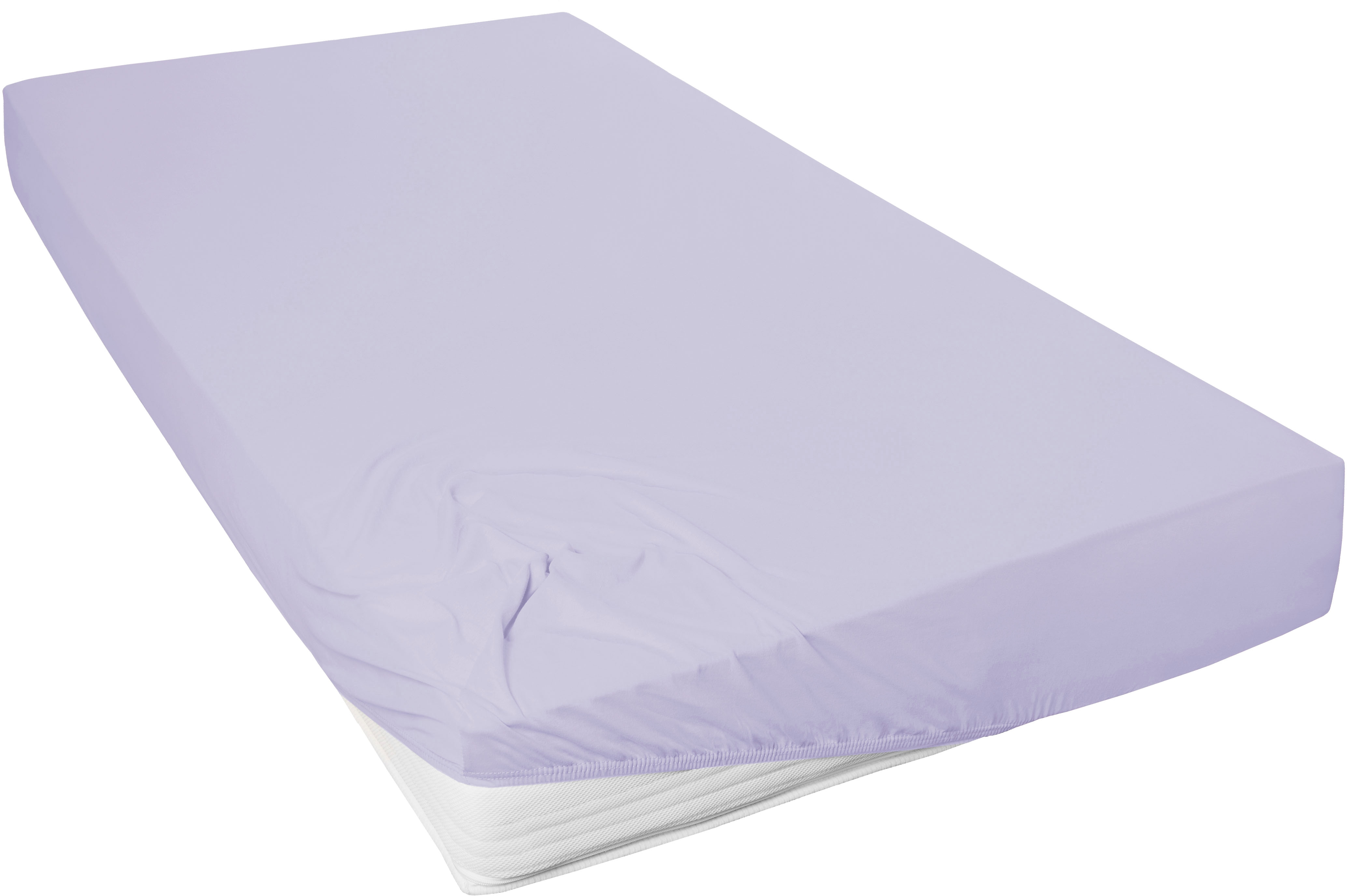 Spannbettlaken PRIMERA "Mako-Feinjersey Spannbetttuch", lila (lavendel), L:200cm, Mako-Jersey, Obermaterial: 100% Baumwolle, Bettlaken, Geeignet für Standardmatratzen bis 22 cm, 100% Baumwolle