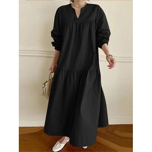 Damen Casual kleid Maxidress Rüschensaum Brautkleider schlicht Gespaltener Hals Langarm Schwarz Weiß Khaki Farbe Image