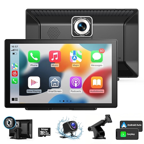 Schermo touch da 9 pollici per Apple CarPlay Android Auto Mirror Link Bluetooth stereo portatile per auto radio ricevitore GPS navigazione con dash cam 4K telecamera di backup 1080p