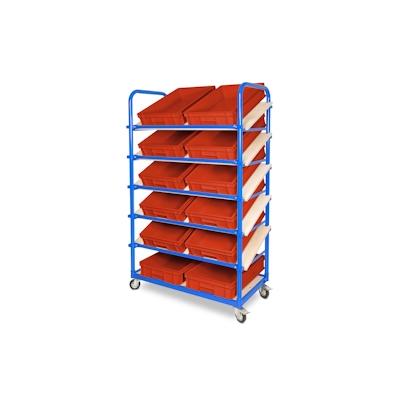 BRB Schrägboden-Regalwagen mit 6 Ebenen, BxTxH 1050x500x1690 mm, 4 Lenkrollen, 2 Rollen mit Feststellbremse mit 12 Euroboxen BxTxH 600x400x120 mm Image