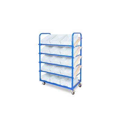 BRB Schrägboden-Regalwagen mit 5 Ebenen, BxTxH 1050x500x1450 mm, 2 Lenk- (mit Feststellbremse) u. 2 Bockrollen mit 15 Euroboxen BxTxH 400x300x120 mm Image