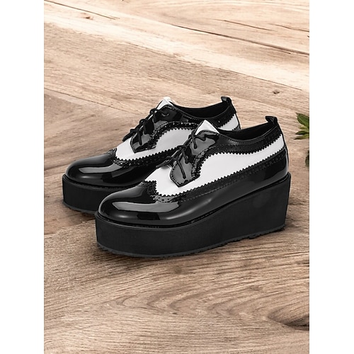 scarpe brogue oxford con plateau nere e bianche da donna – scarpe stringate vintage in vernice con suola spessa