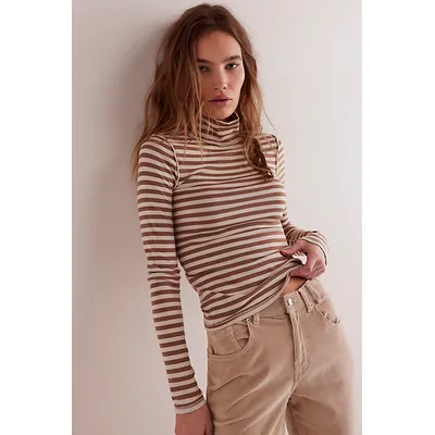 We The Free Good Good Stripe Turtleneck Top at Free People in Otter/Tea, Size: XS