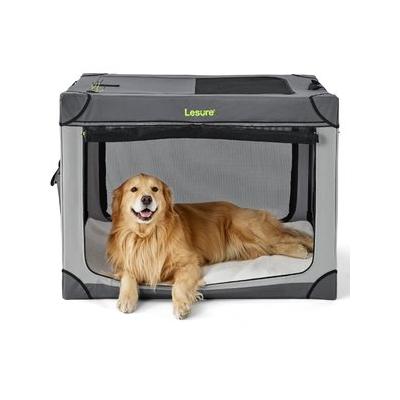 Lesure Indoor & Outdoor Soft-Sided Collapsible 4-Door Dog & Cat Travel Crate Kennel with Durable Mesh Windows, Grey, X-Large: 42 inch