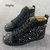 Schwarze Nieten High Top Herren schuhe Echt leder Sneakers Glitzer Punk Nieten schnüren Freizeit schuhe Wohnungen Walking Wanderschuhe