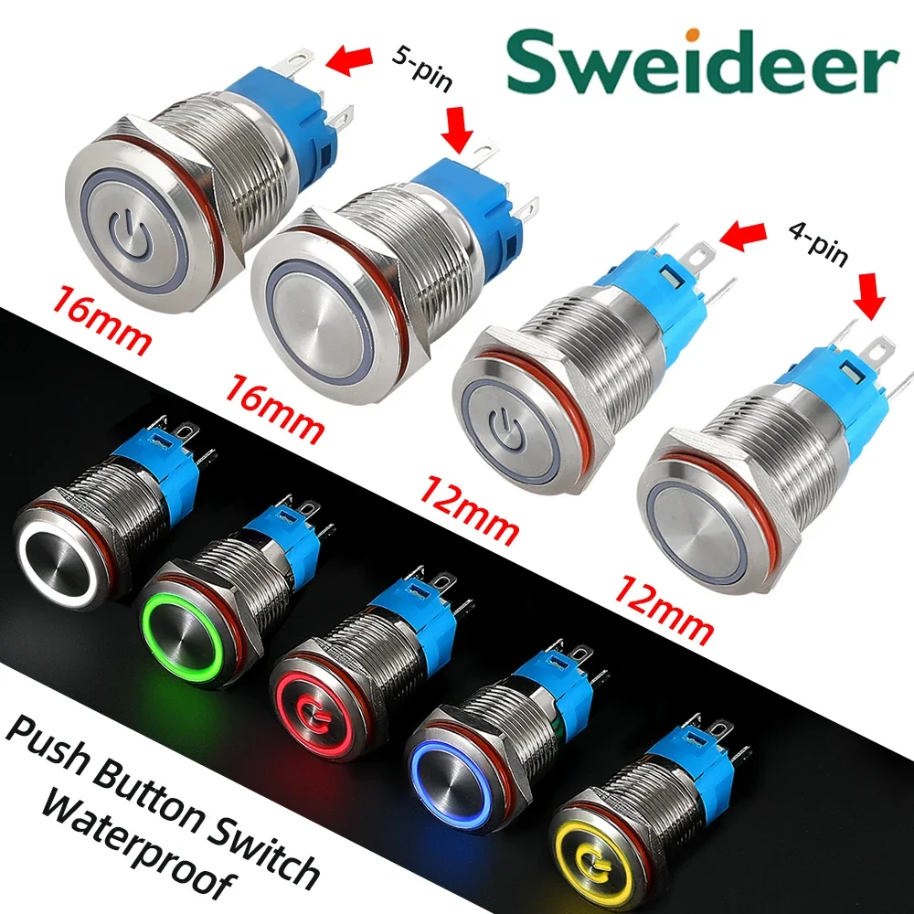 12/16 mm flacher LED-beleuchteter Reset-Rastring, LED-Drucktastenschalter aus Metall, wasserdicht, Ein-Aus, mit Stromsymbol Image