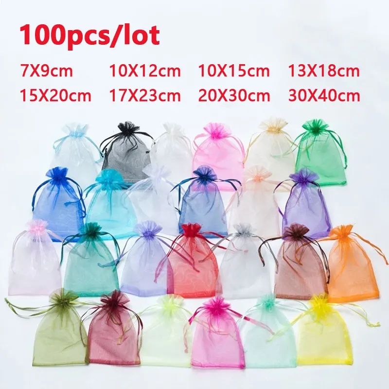 100 Teile/los 7x9 9x12 10x15 13x18CM Organza Beutel Schmuck Tasche hochzeit Party Dekoration Drawable Taschen Geschenk Beutel Schmuck Verpackung Image