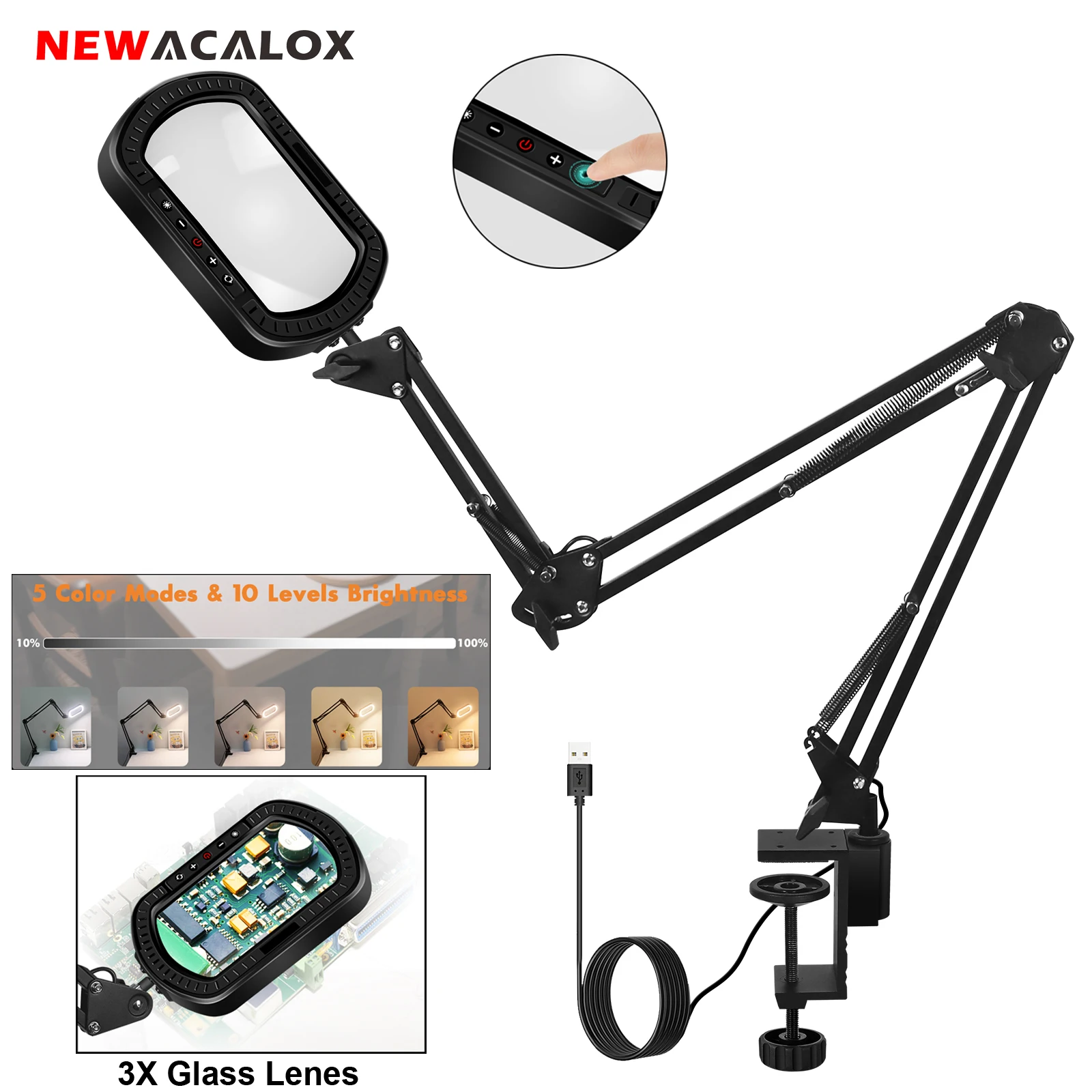 Rechteckige 3-fach beleuchtete Lupe mit klappbarem, flexiblem Arm, LED-Schreibtischlampe, Lupe für DIY-Lötreparatur, Naharbeiten