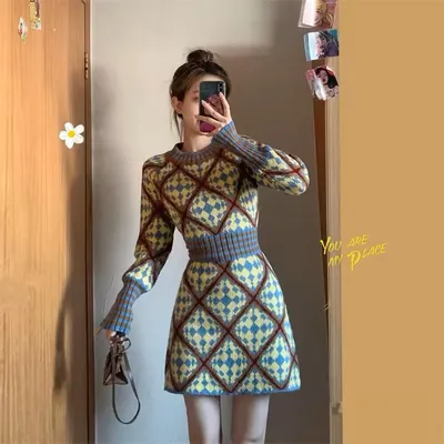Autumn Winter Thick High End Jacquard Knitted Pullovers Dress Female Clothing Fashion Commute Warm