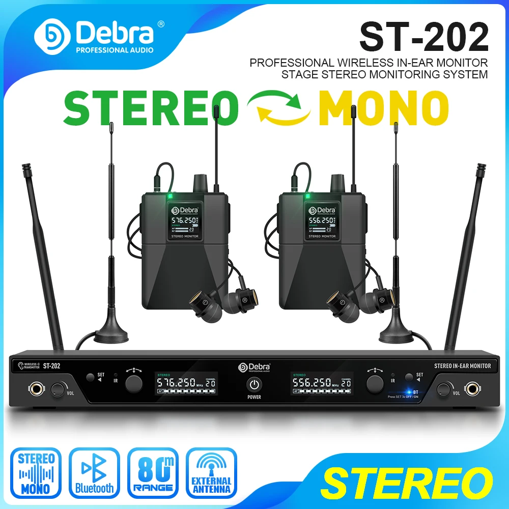 Debra Stereo ST-202 Drahtloses In-Ear-Monitor-System, Dual-Frequenz 560 bis 590 MHz, für Bühne, Aufnahmestudio, Schlagzeuger, Instrumente Image